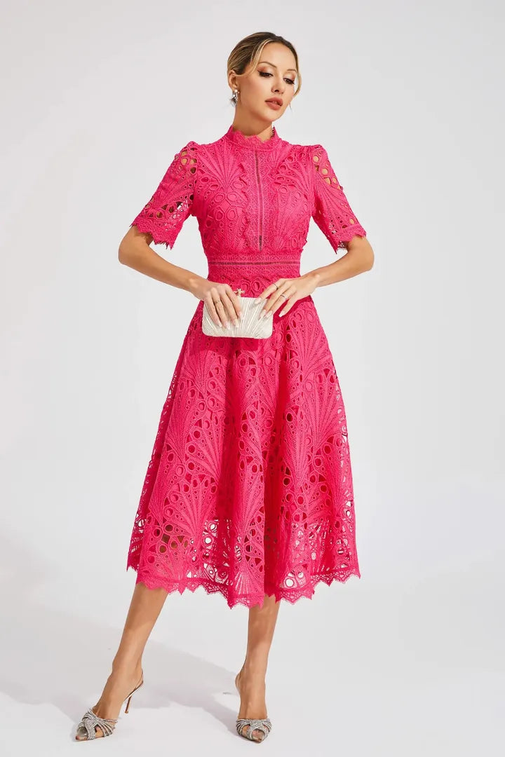 Lace Midi A-Line Dress with High Neck