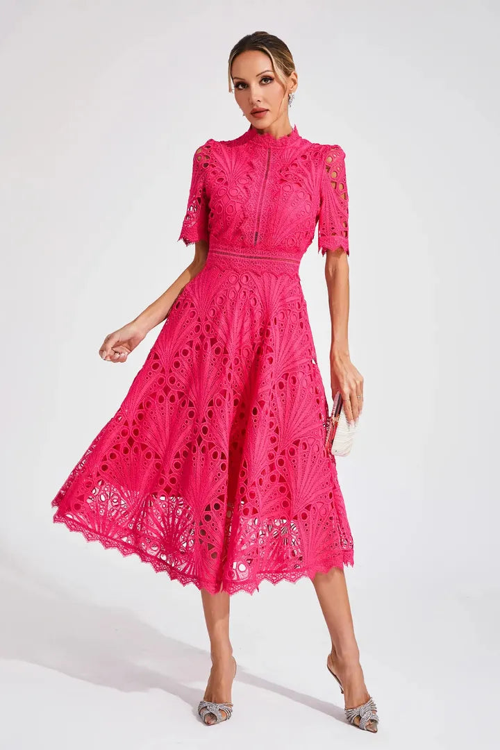Lace Midi A-Line Dress with High Neck