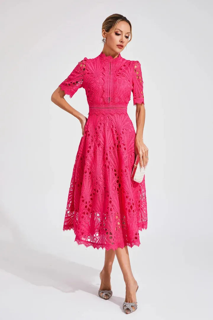 Lace Midi A-Line Dress with High Neck
