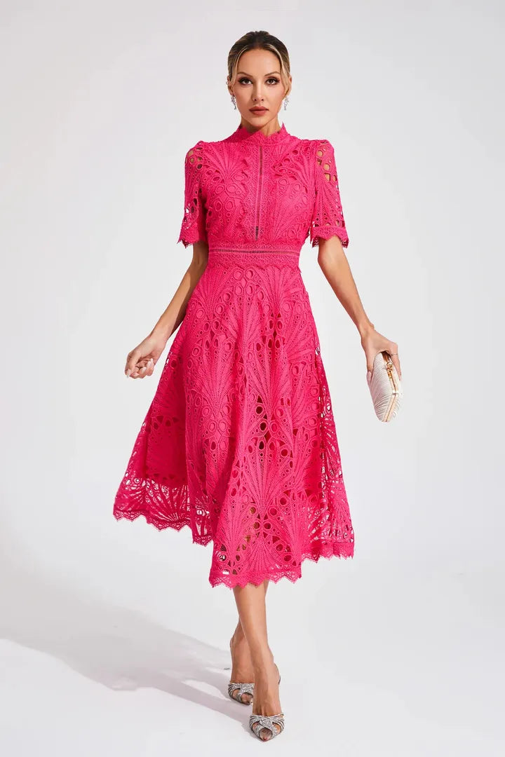 Lace Midi A-Line Dress with High Neck