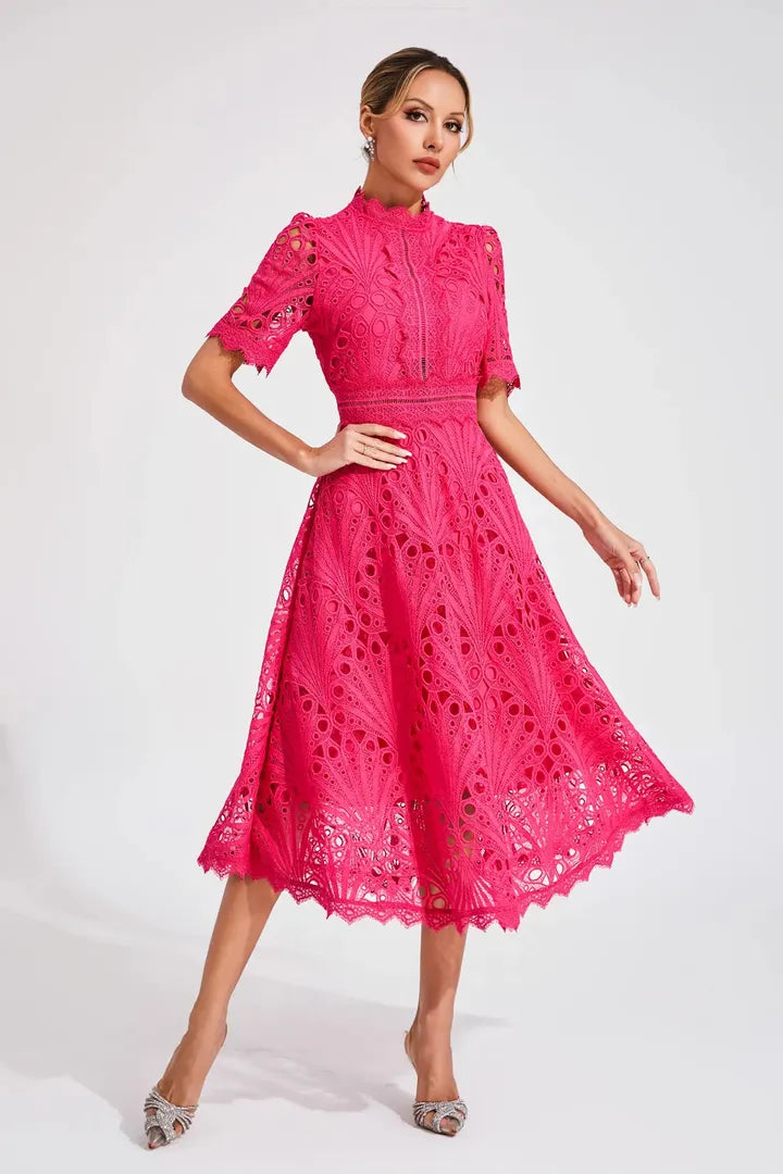 Lace Midi A-Line Dress with High Neck