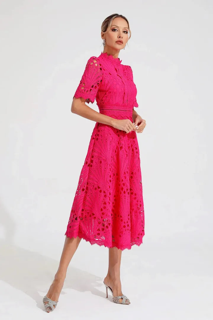 Lace Midi A-Line Dress with High Neck
