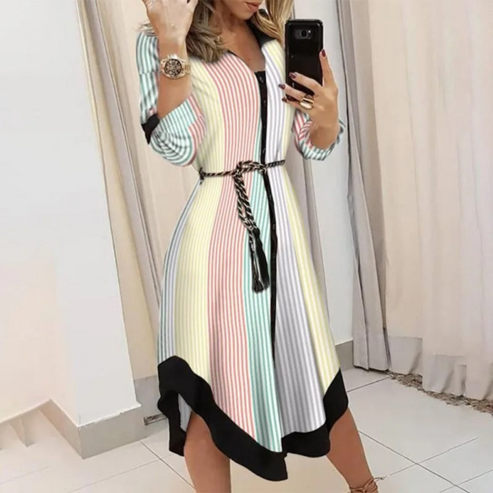 Women’s Long Sleeve Button-Down Dress – Waist Tie