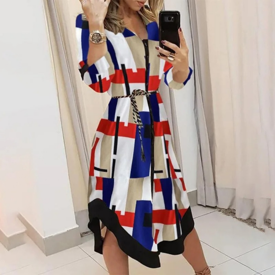 Women’s Long Sleeve Button-Down Dress – Waist Tie