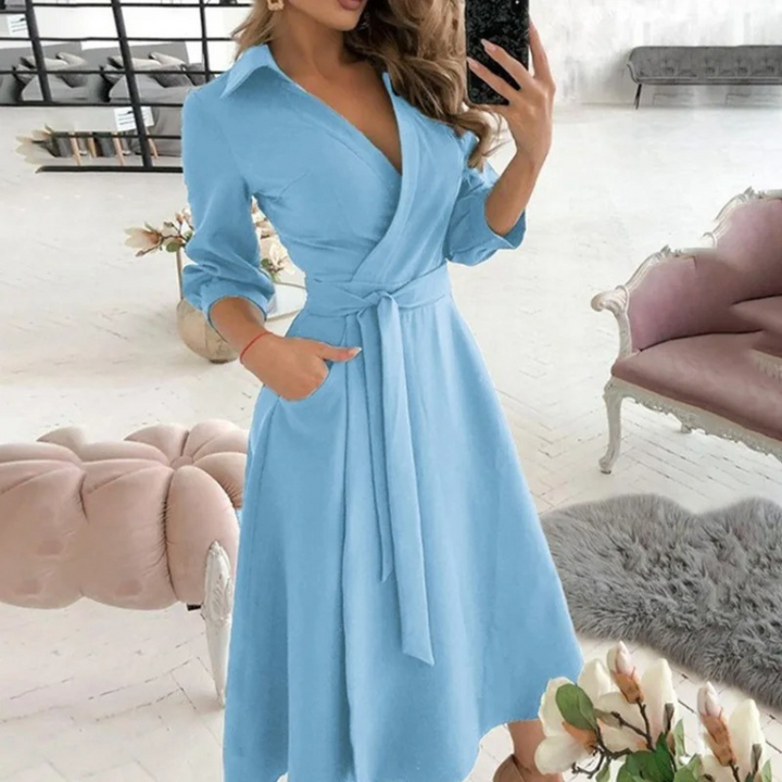 Women’s Long Sleeve Button-Down Dress – Waist Tie