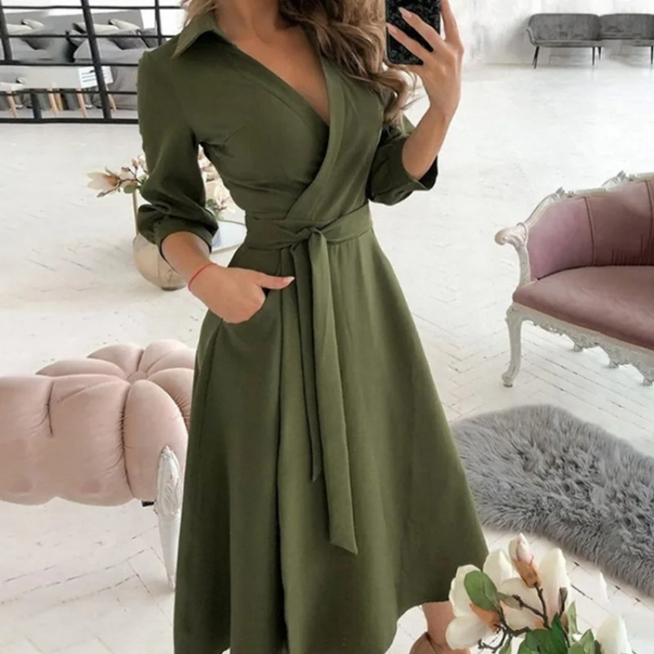 Women’s Long Sleeve Button-Down Dress – Waist Tie