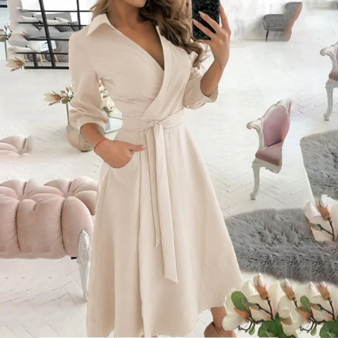 Women’s Long Sleeve Button-Down Dress – Waist Tie