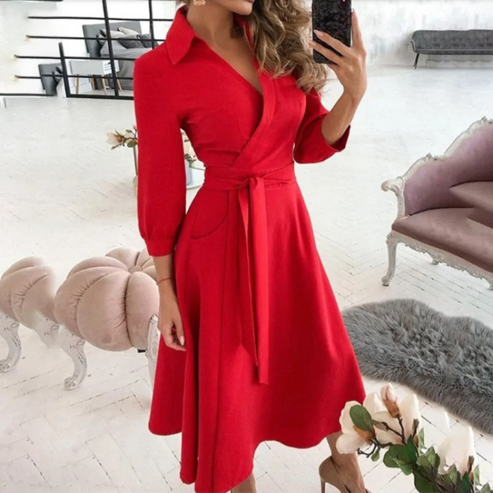 Women’s Long Sleeve Button-Down Dress – Waist Tie