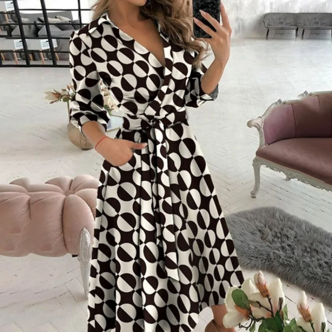 Women’s Long Sleeve Button-Down Dress – Waist Tie