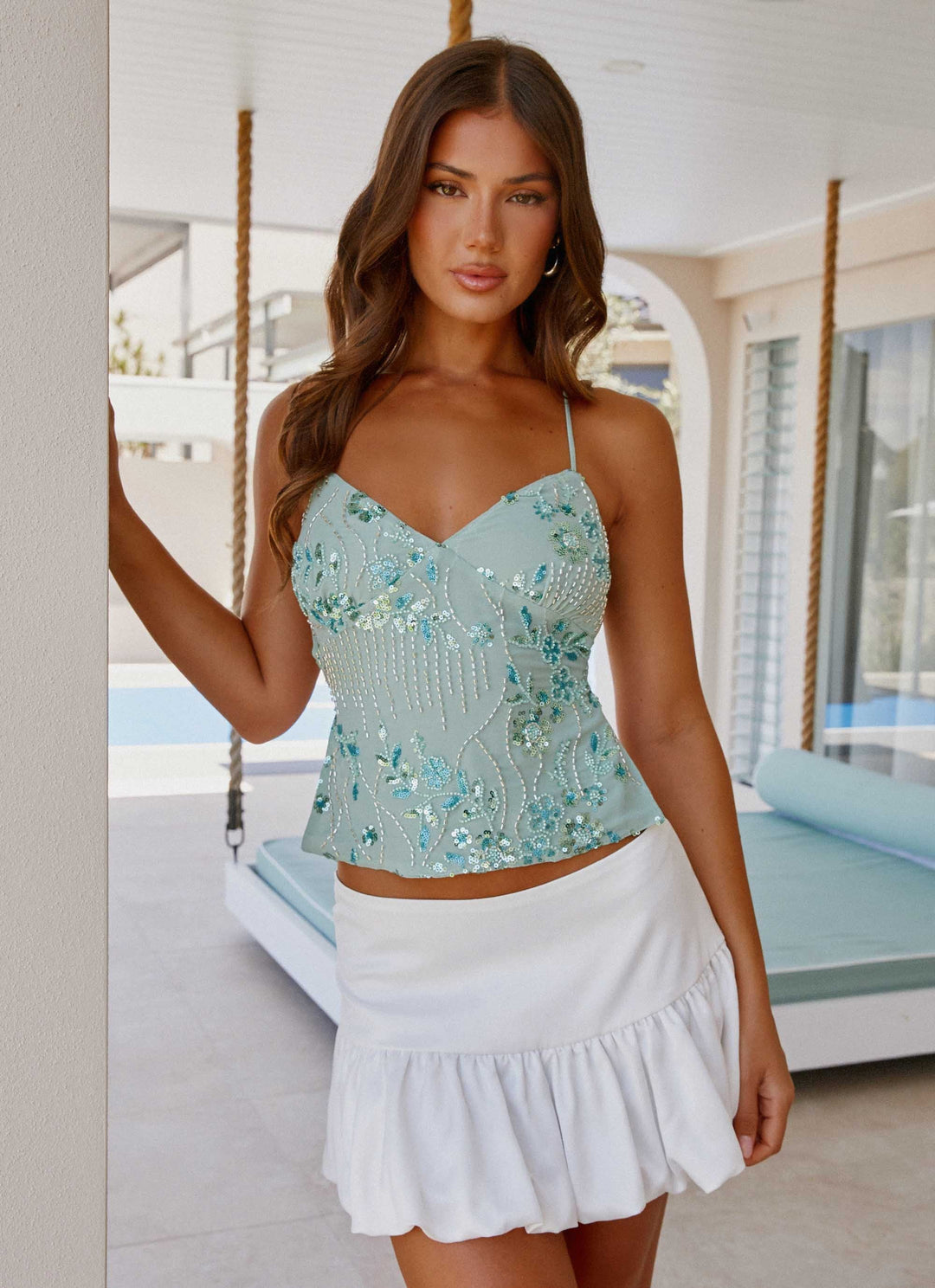 Party Top with Pearls and Spaghetti Straps