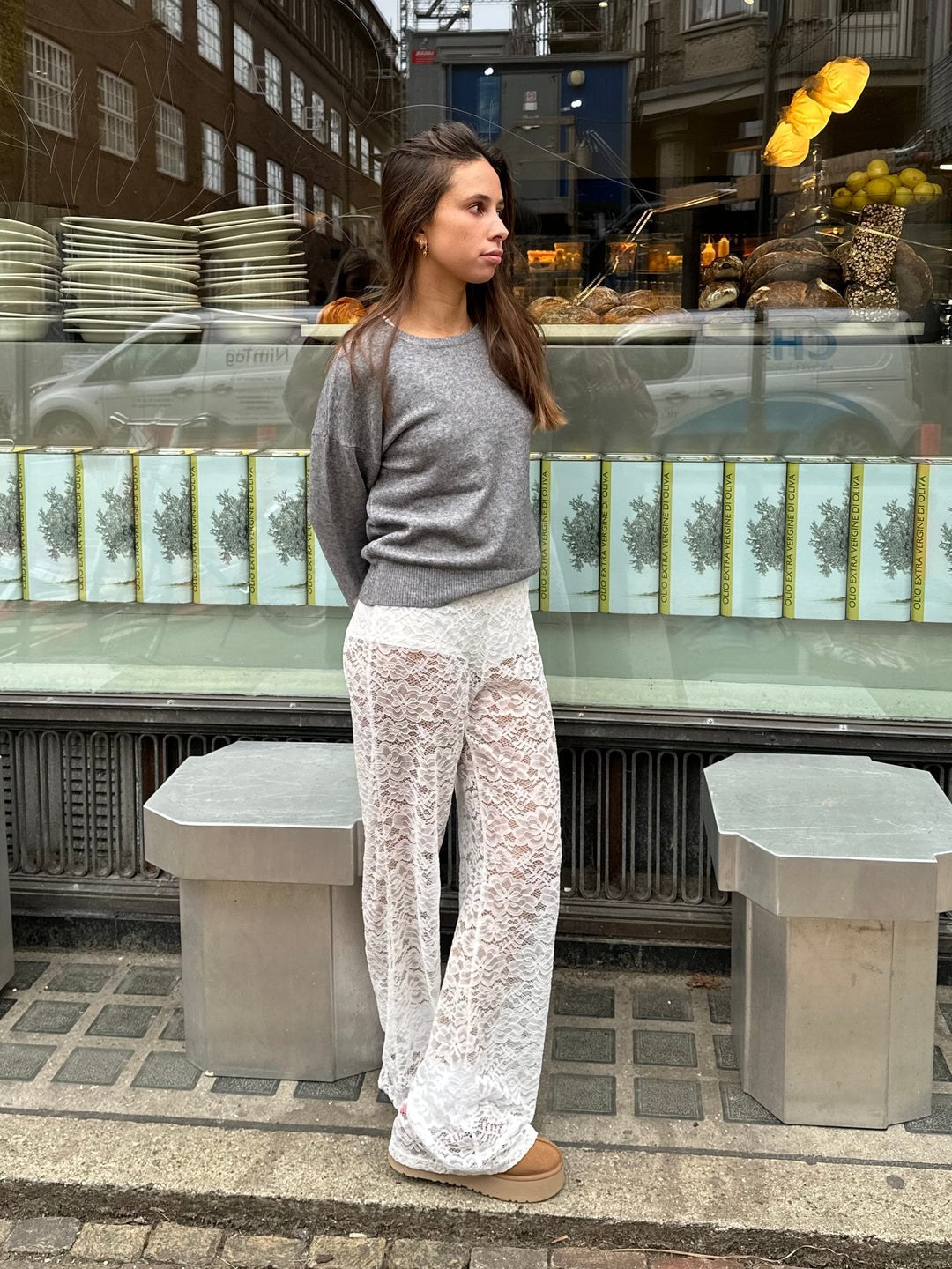 Flared Trousers with Lace and High Waist