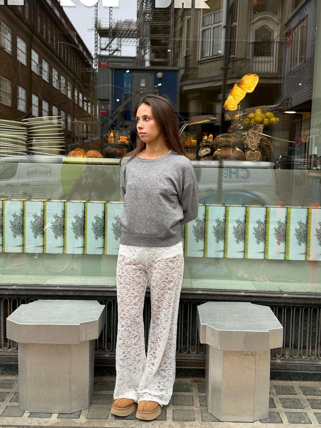 Flared Trousers with Lace and High Waist