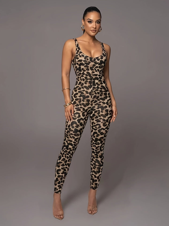 Leopard Print Jumpsuit for Women – Sleeveless - Slim Fit & Stretch