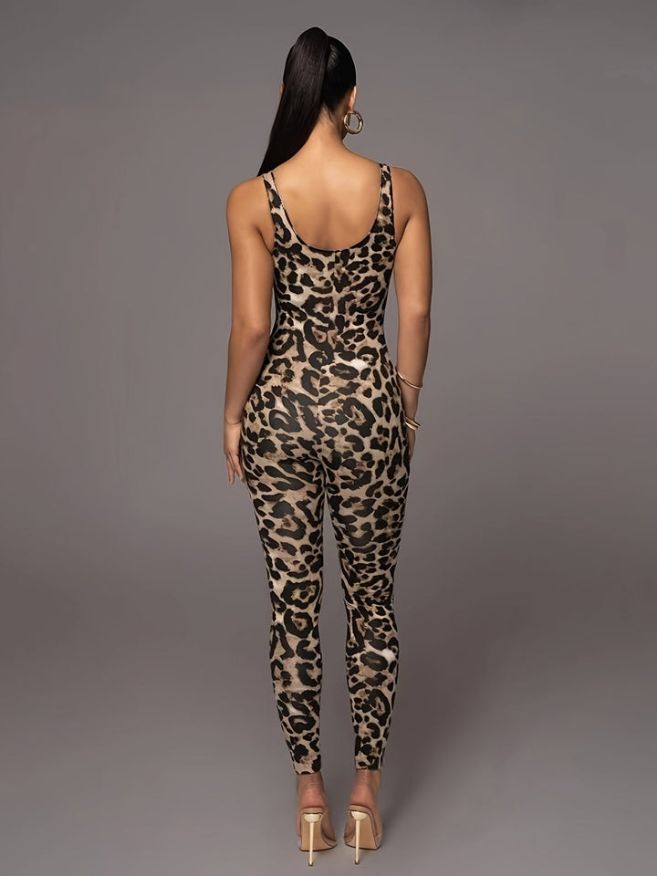 Leopard Print Jumpsuit for Women – Sleeveless - Slim Fit & Stretch