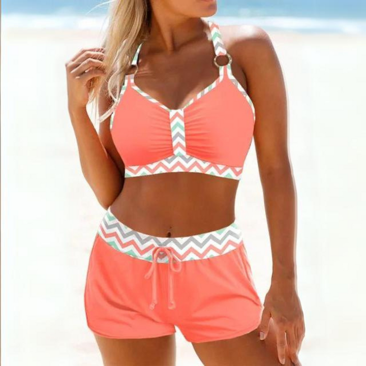 Ladies' Summer Swimsuit Set with Halter Neck Top and Drawstring Shorts