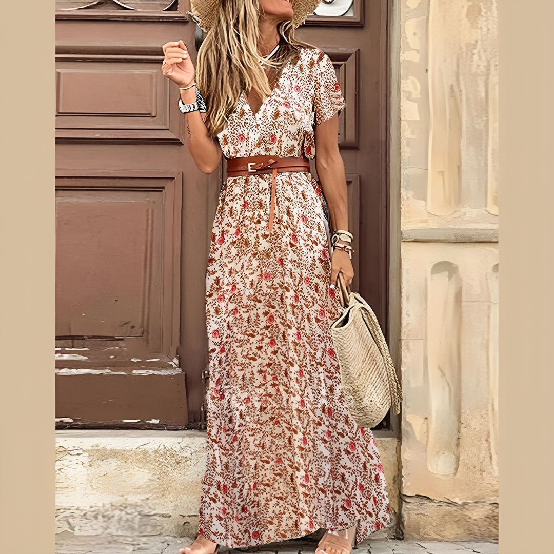 Women’s Bohemian Maxi Dress – Floral Print High Split