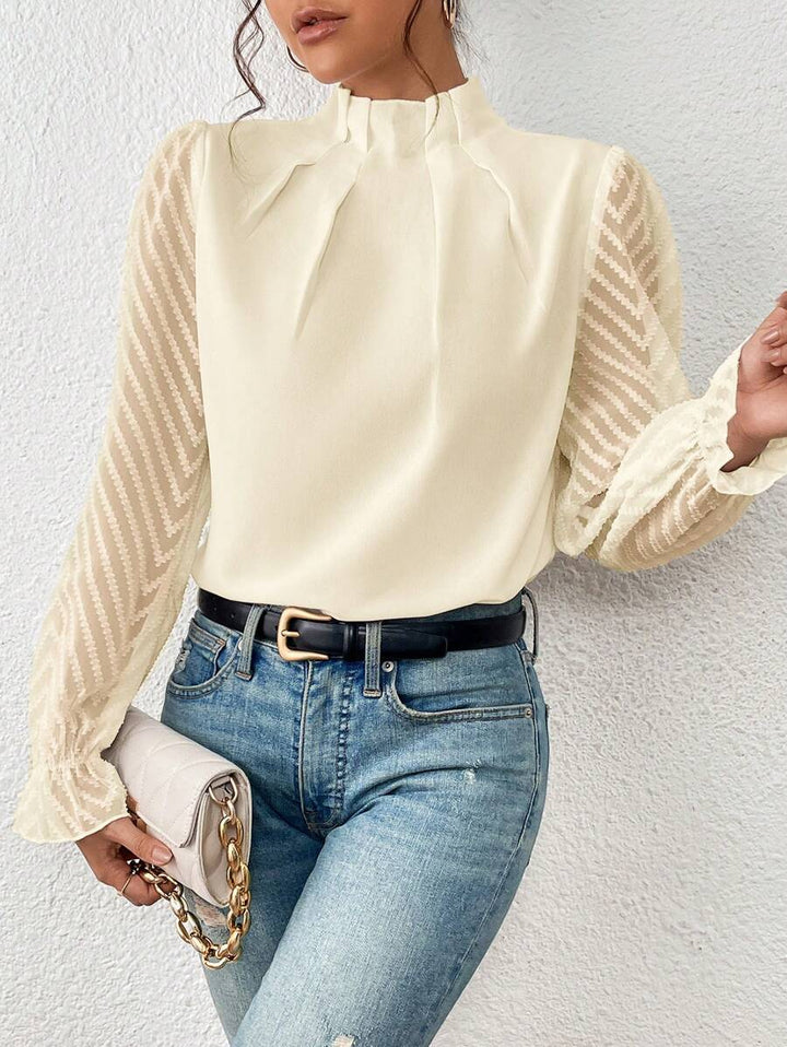 Elegant Women's Blouse with High Neck and Transparent Sleeves