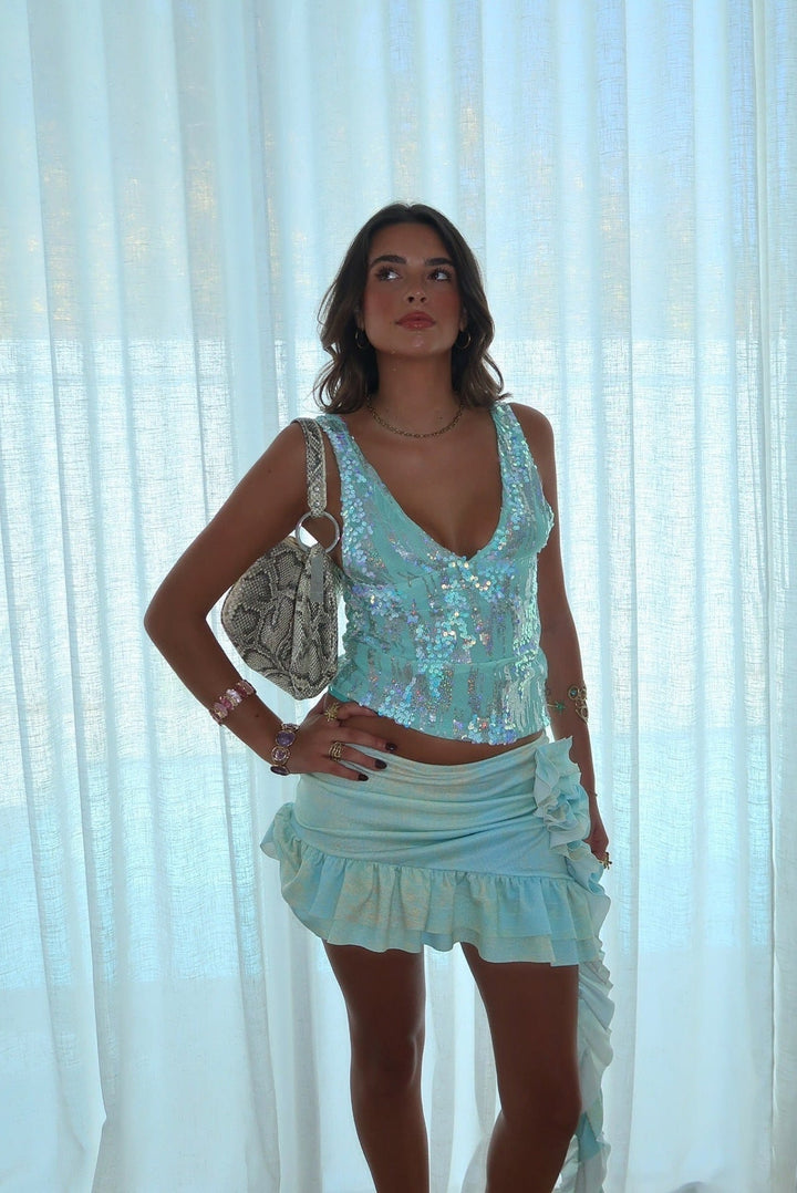 Sequin Top with Deep V-Neck and Purple Hues