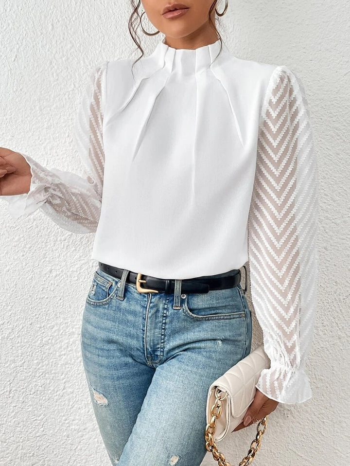 Elegant Women's Blouse with High Neck and Transparent Sleeves