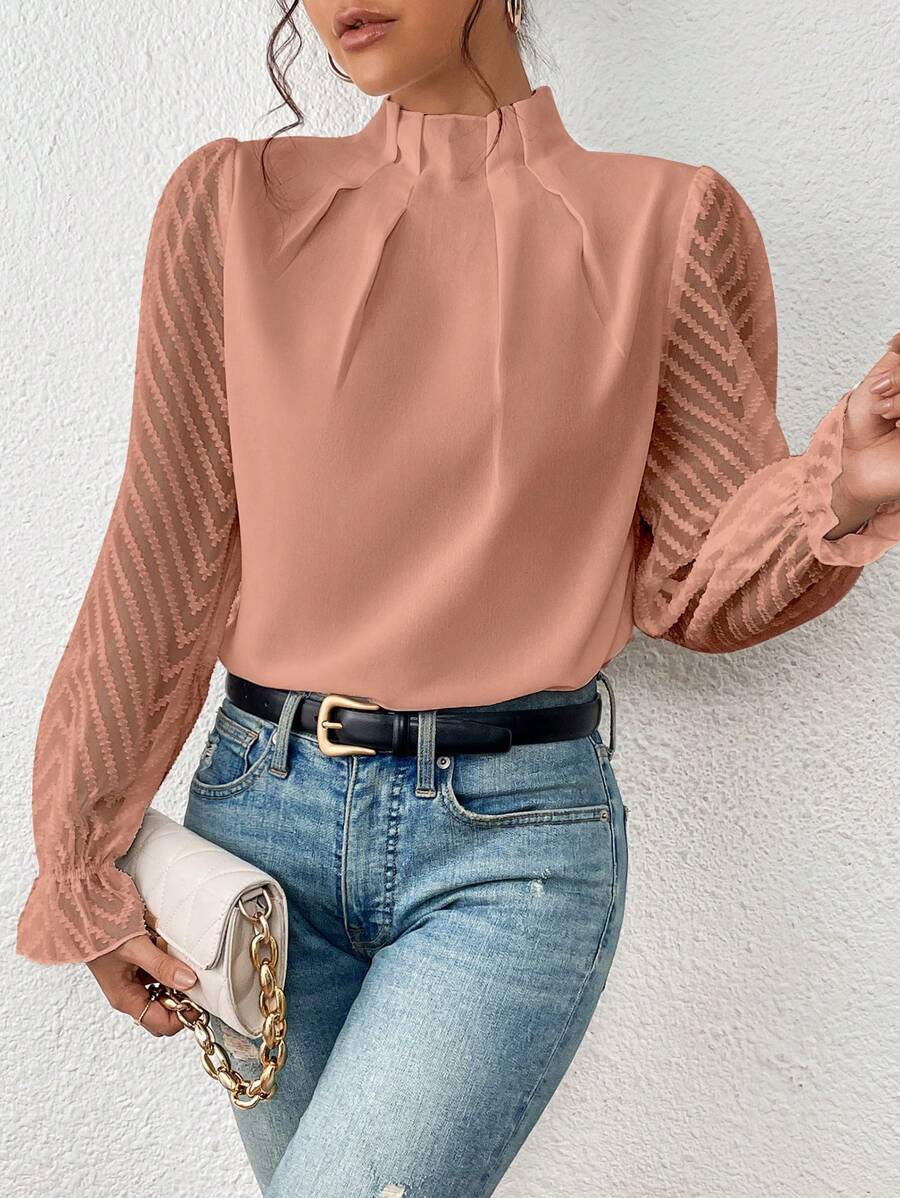 Elegant Women's Blouse with High Neck and Transparent Sleeves