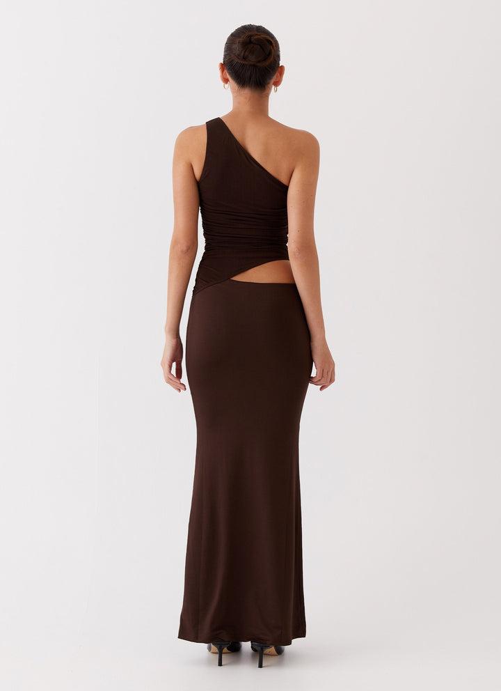 Long dress with one shoulder design and cut-out detail