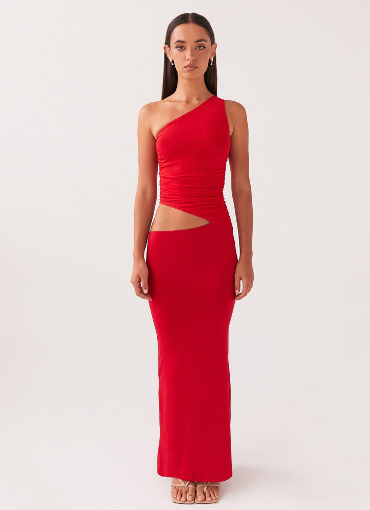 Long dress with one shoulder design and cut-out detail