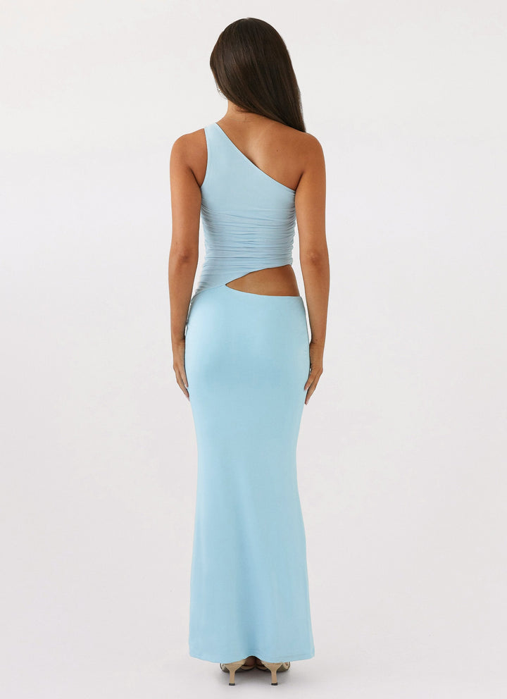 Long dress with one shoulder design and cut-out detail