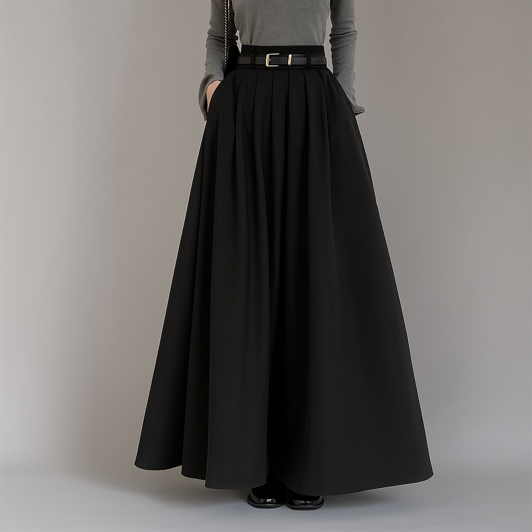 Pleated Maxi Skirt with High Waist and Belt
