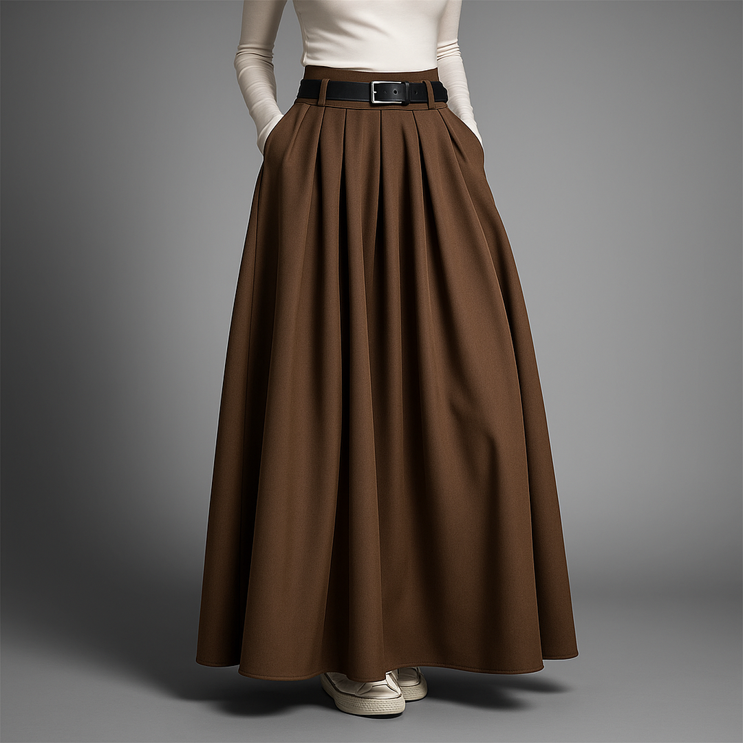 Pleated Maxi Skirt with High Waist and Belt