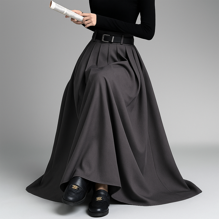 Pleated Maxi Skirt with High Waist and Belt