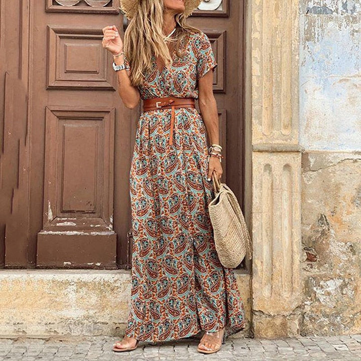 Women’s Bohemian Maxi Dress – Floral Print High Split
