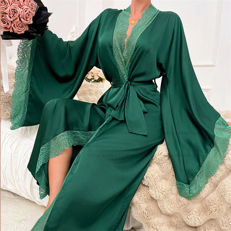 Long Women's Lace Dress with Waist Belt and Wide Sleeves