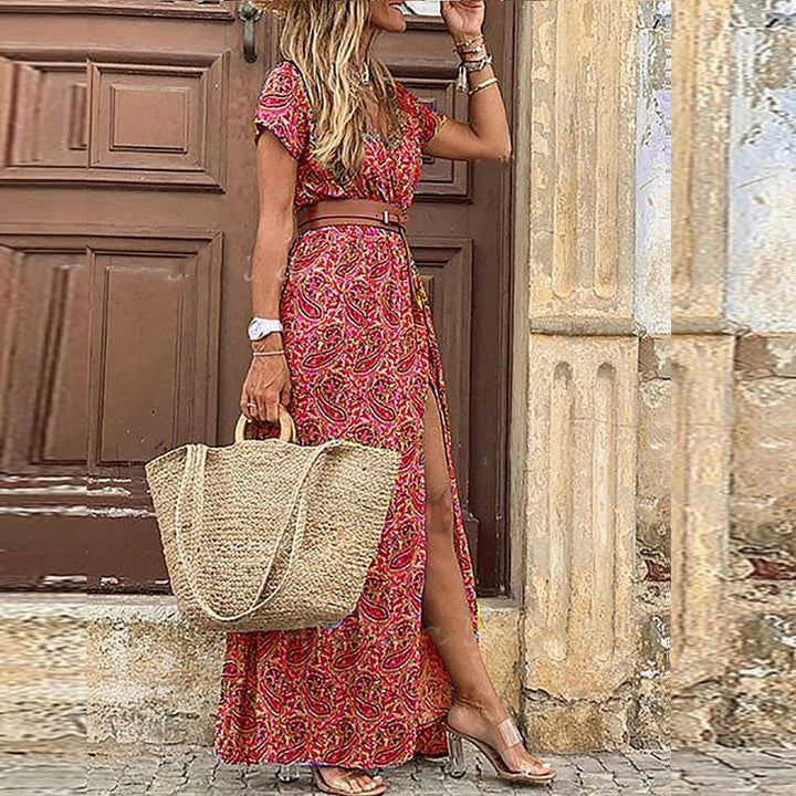 Women’s Bohemian Maxi Dress – Floral Print High Split