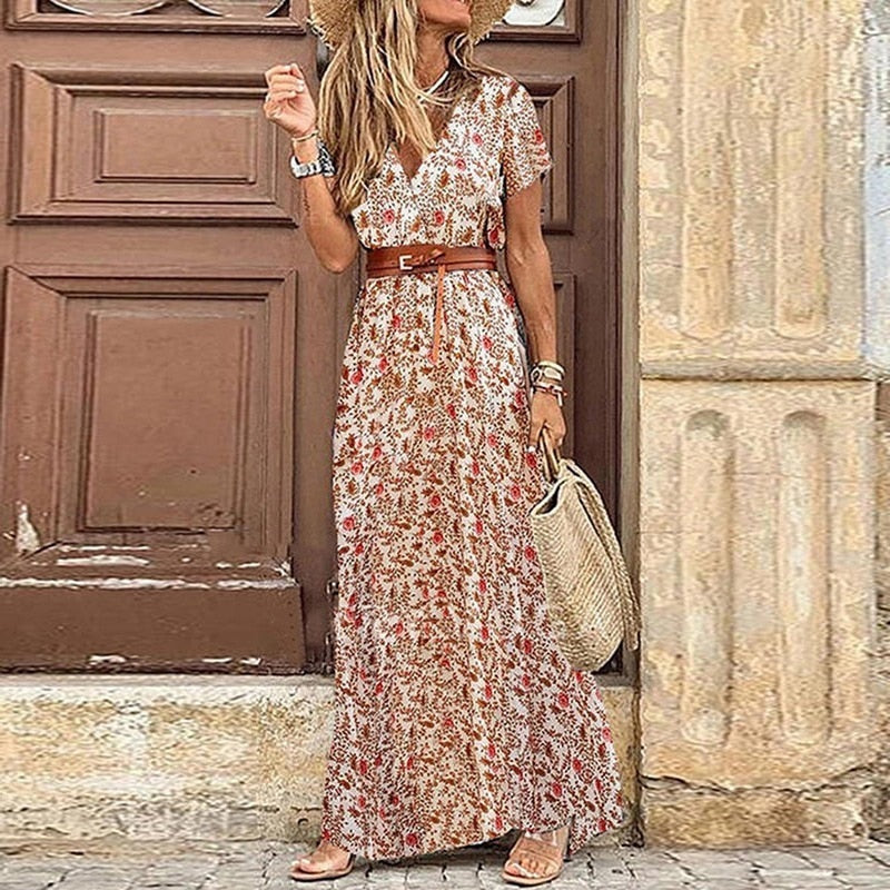 Women’s Bohemian Maxi Dress – Floral Print High Split