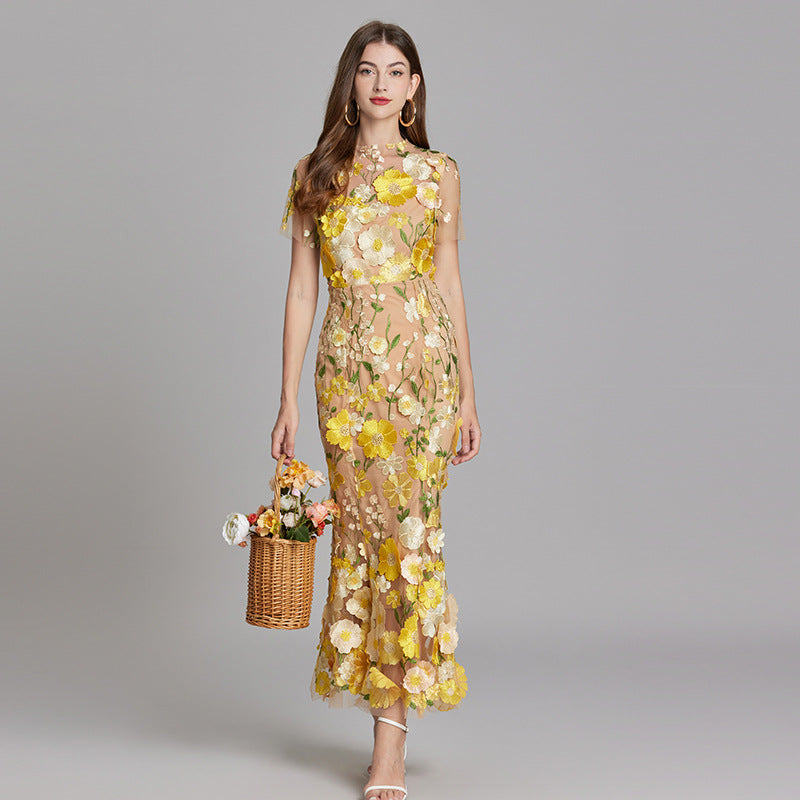 Floral Applique Mermaid Evening Gown