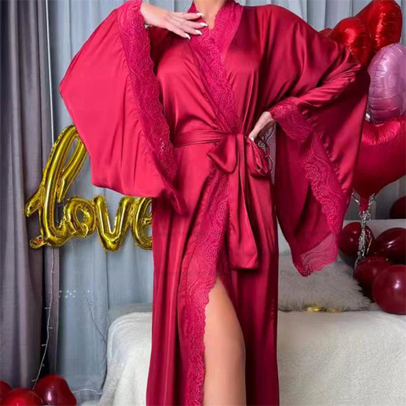 Long Women's Lace Dress with Waist Belt and Wide Sleeves