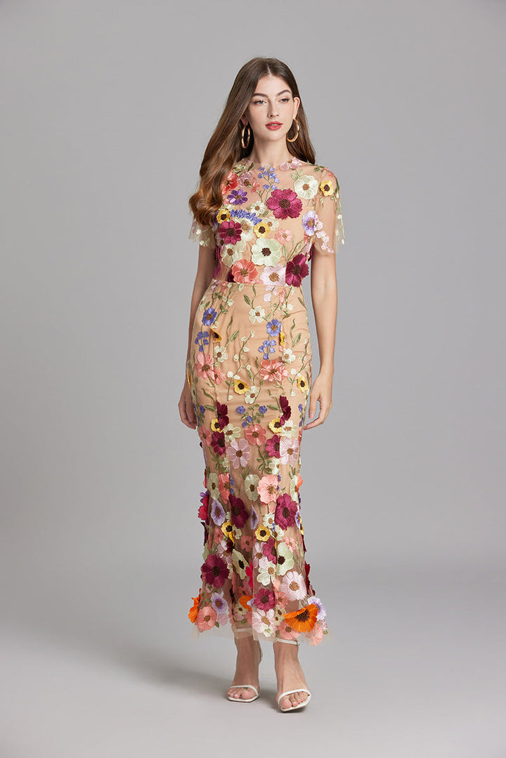 Floral Applique Mermaid Evening Gown