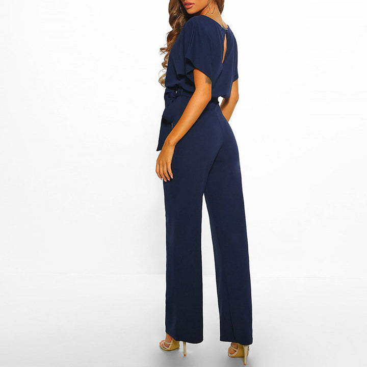 Women’s Short Sleeve Wide-Leg Jumpsuit with Adjustable Waist Tie Detail