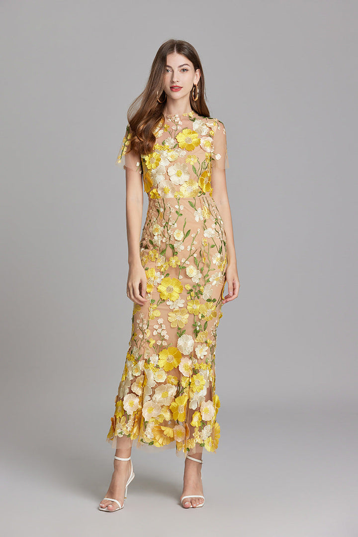 Floral Applique Mermaid Evening Gown