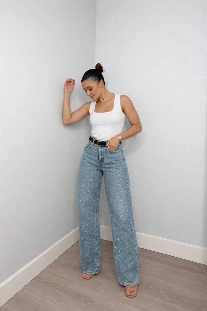 High-Waist Jeans with Glitter Details