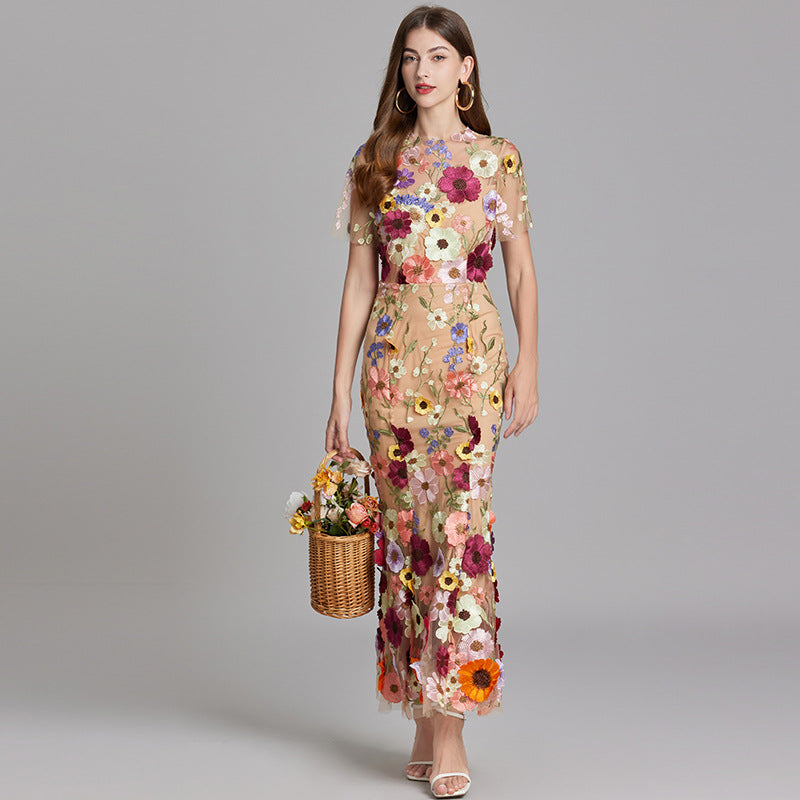Floral Applique Mermaid Evening Gown