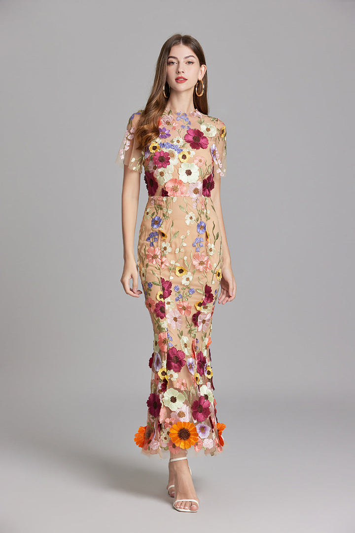 Floral Applique Mermaid Evening Gown