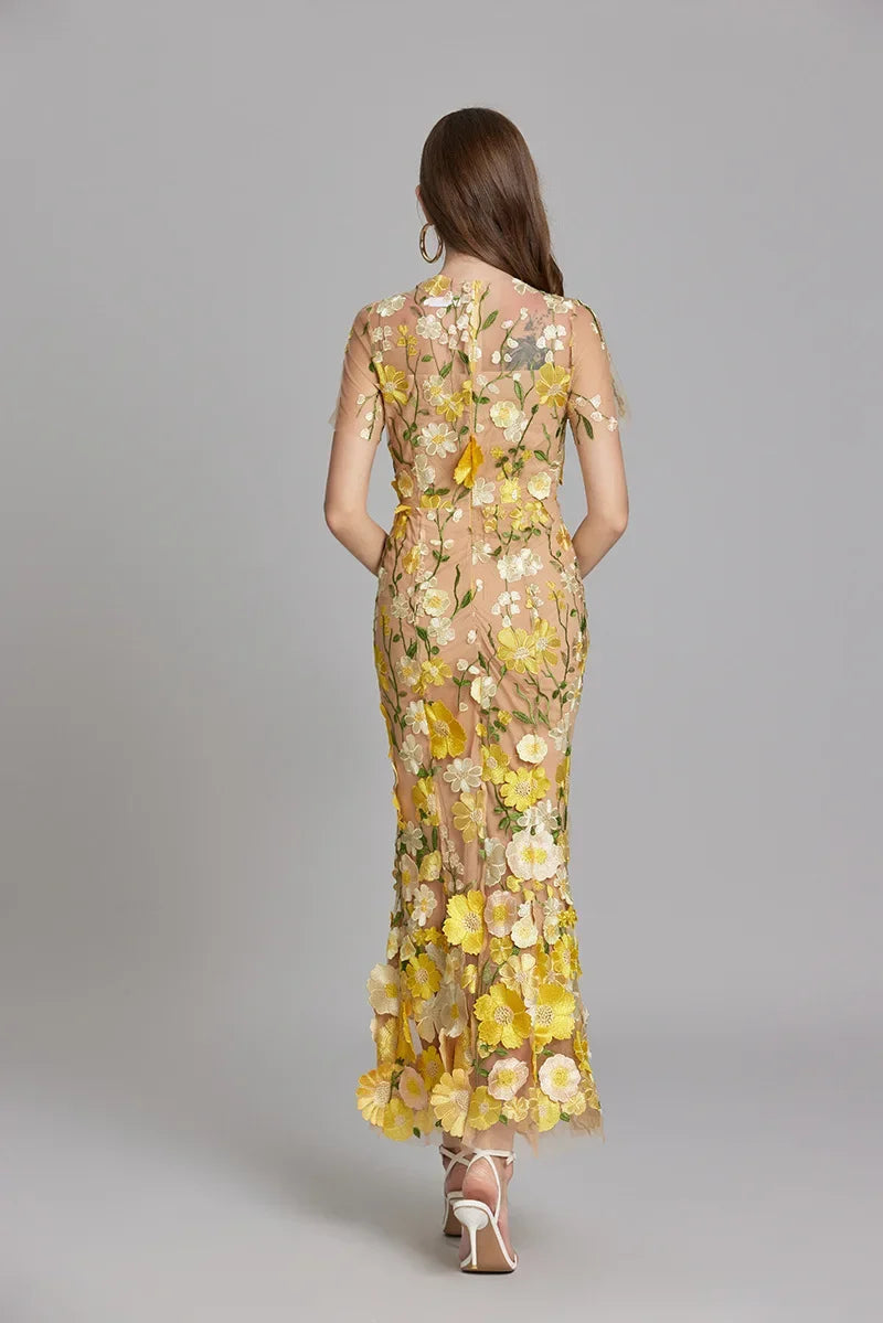 Floral Applique Mermaid Evening Gown