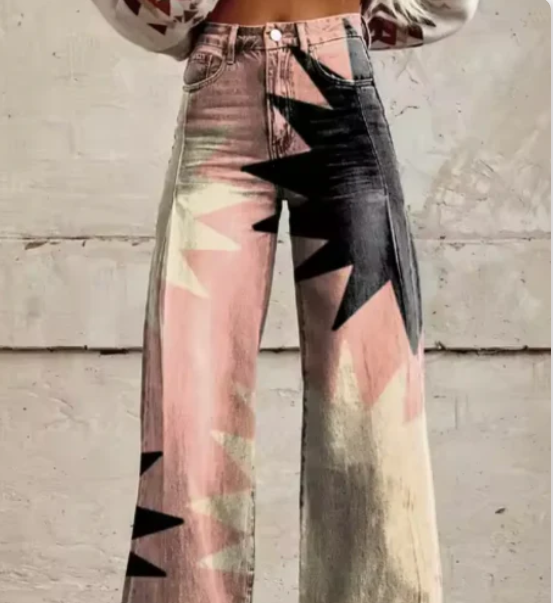 Women’s Wide-Leg Trousers - Colorful Print High-Waist Pants