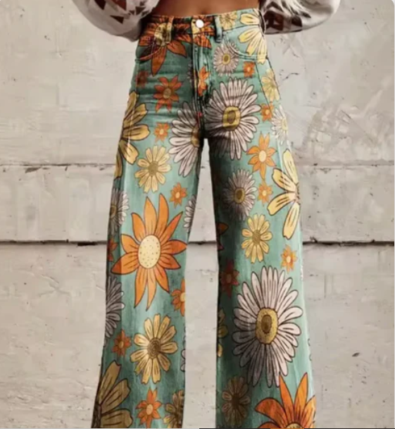 Women’s Wide-Leg Trousers - Colorful Print High-Waist Pants