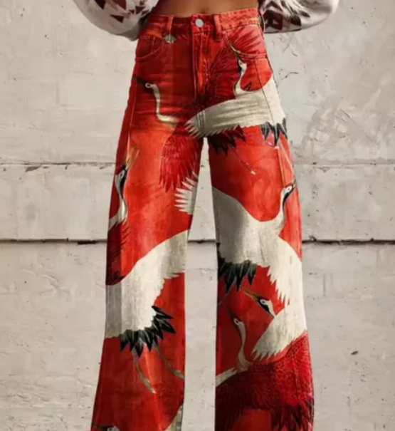 Women’s Wide-Leg Trousers - Colorful Print High-Waist Pants