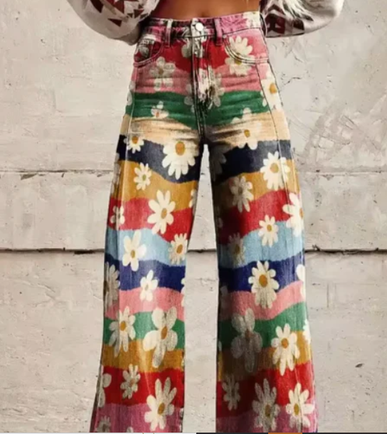 Women’s Wide-Leg Trousers - Colorful Print High-Waist Pants
