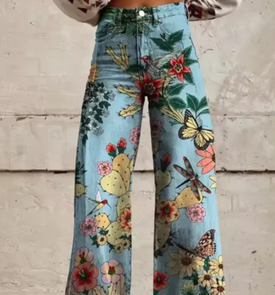 Women’s Wide-Leg Trousers - Colorful Print High-Waist Pants