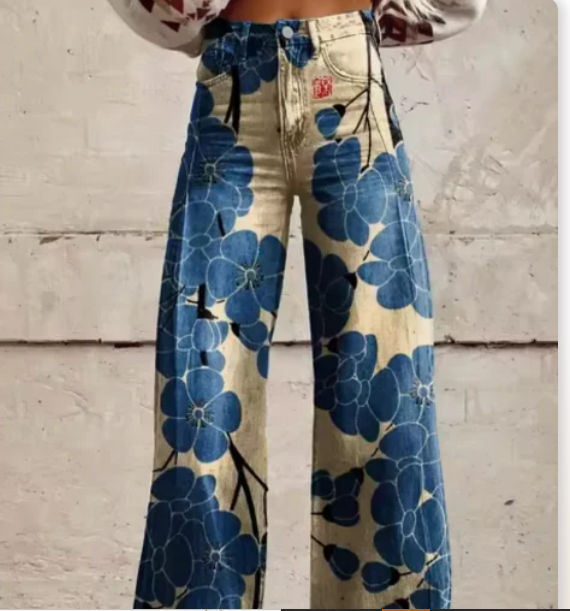Women’s Wide-Leg Trousers - Colorful Print High-Waist Pants