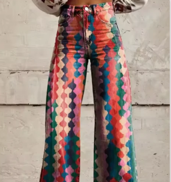 Women’s Wide-Leg Trousers - Colorful Print High-Waist Pants
